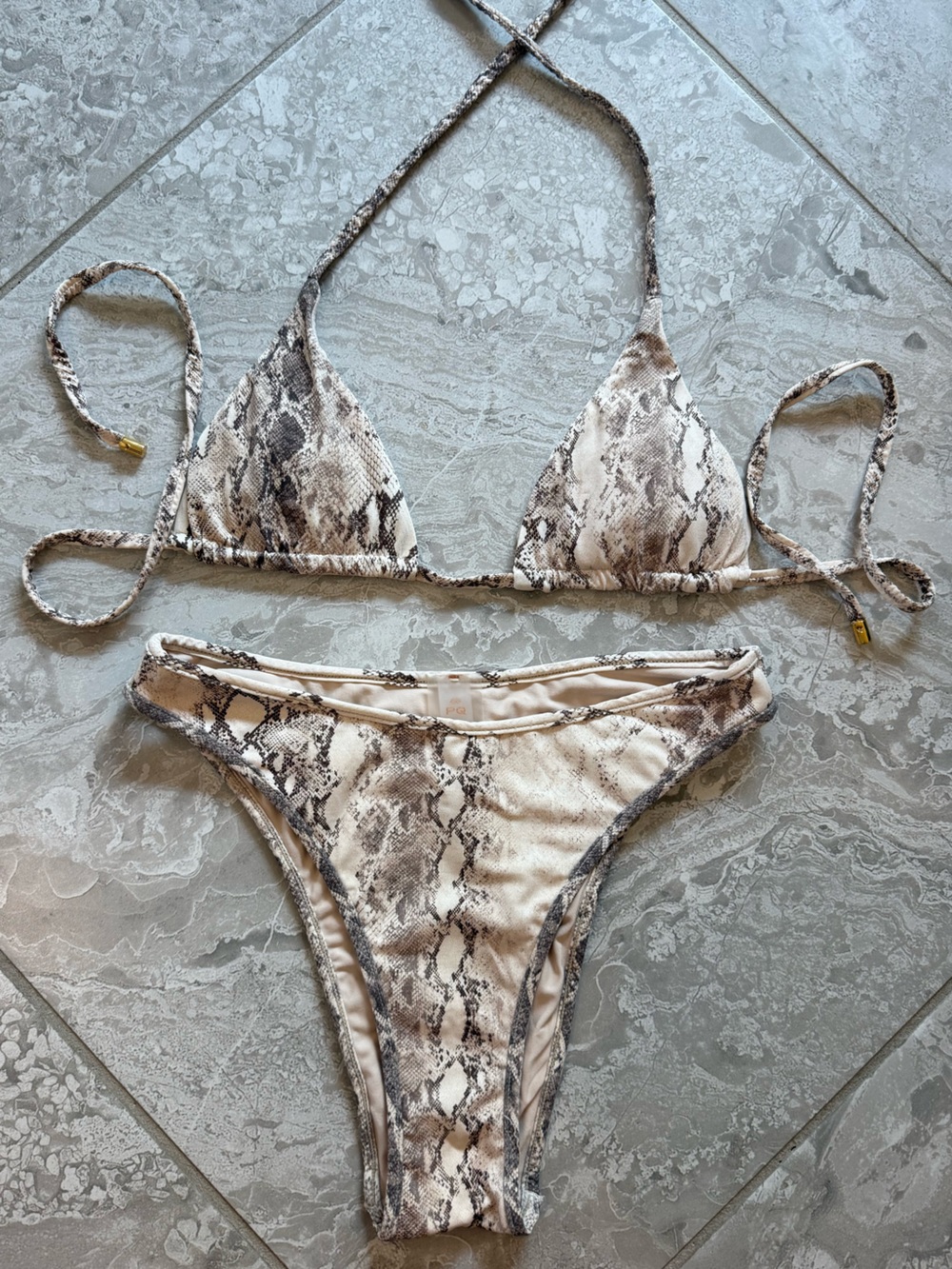 PQ Swim Neutral Python Snake Print Triangle Cheeky Bikini Set, Size Small